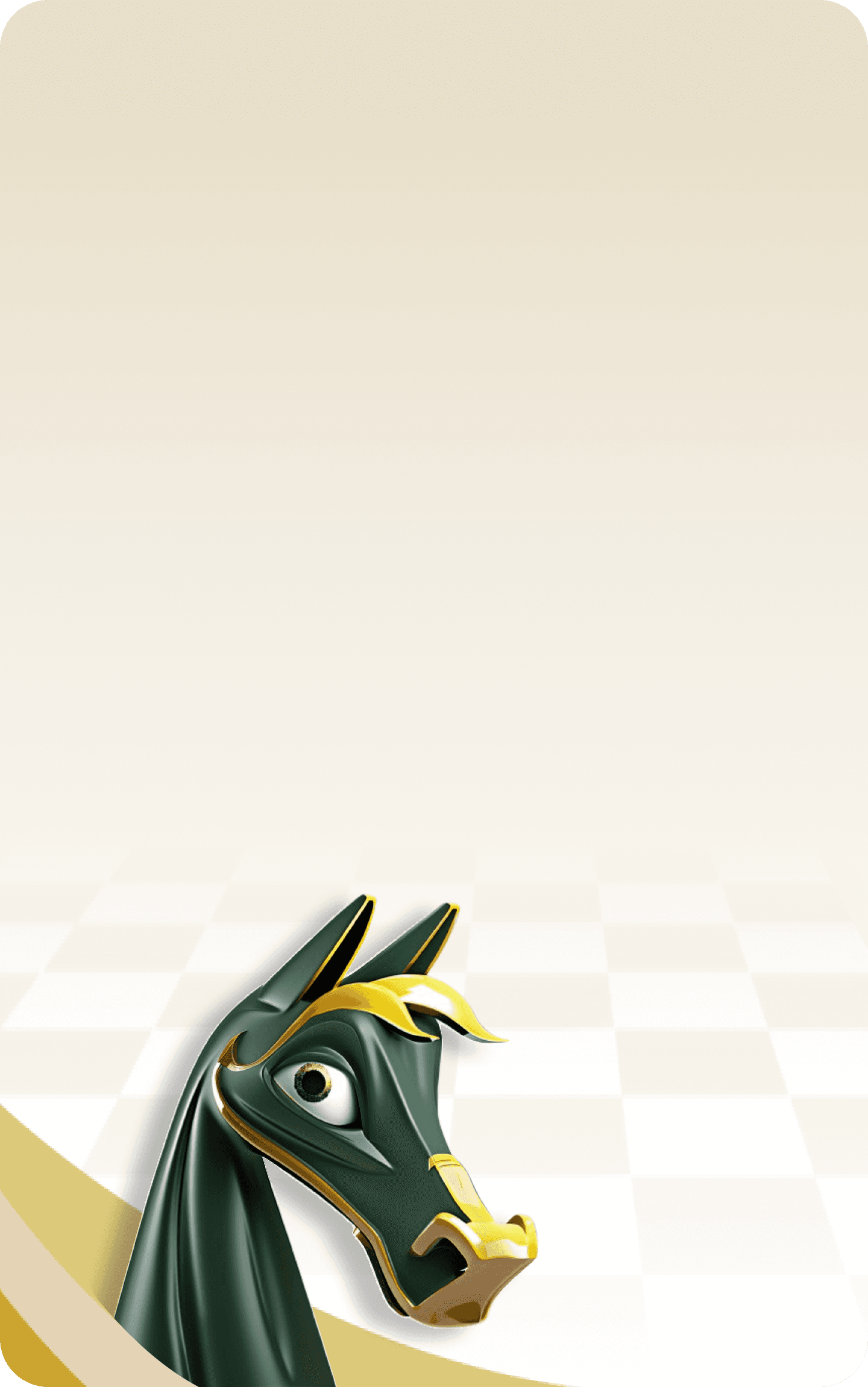 Chessy green knight chess piece on a checkered board with question marks decoration