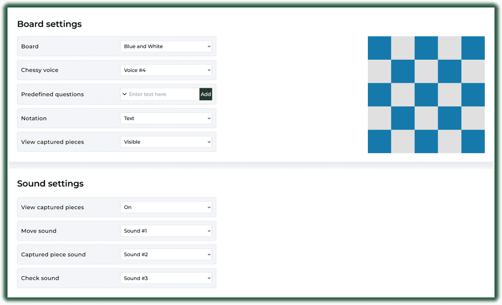 Chessy customization interface showing personality settings, voice selection, and coaching style options